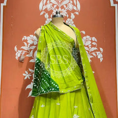 PURE CHINON SHIBORI BANDHEJ LEHENGA Light green / Free Size
