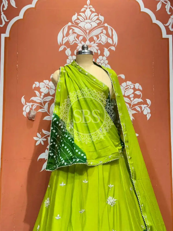 PURE CHINON SHIBORI BANDHEJ LEHENGA Light green / Free Size