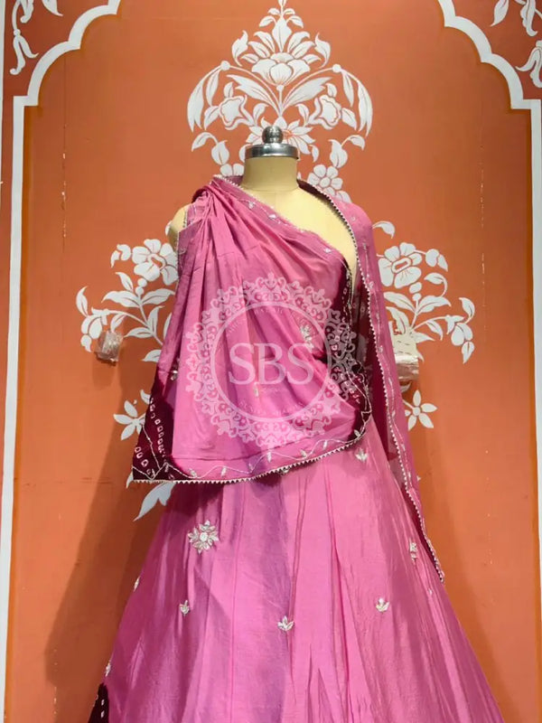 PURE CHINON SHIBORI BANDHEJ LEHENGA Mauve-Wine / Free Size