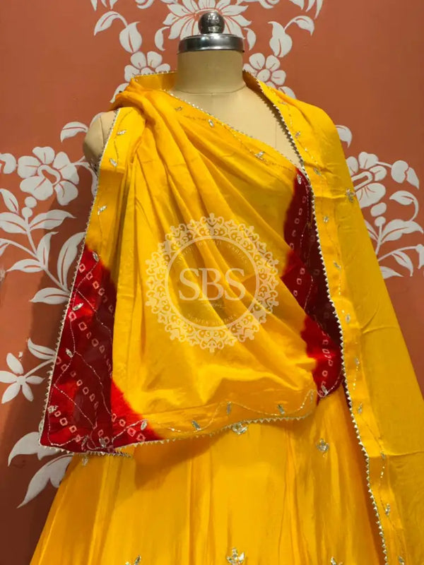 PURE CHINON SHIBORI BANDHEJ LEHENGA Yellow-Red / Free Size