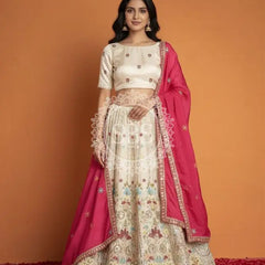 Pure Cosmos Floral Embroidery Lehenga Golden and pink