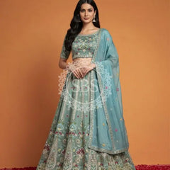 Pure Cosmos Floral Embroidery Lehenga Sky Blue