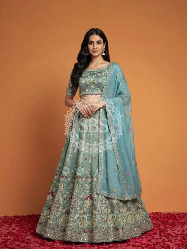 Pure Cosmos Floral Embroidery Lehenga Sky Blue