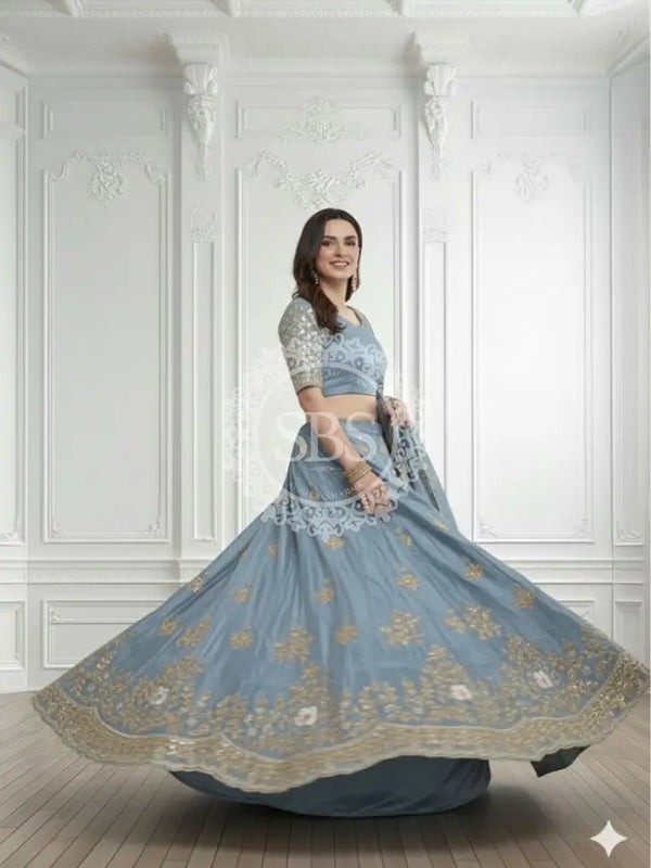 Pure Cosmos silk Handwork Lehenga Blue