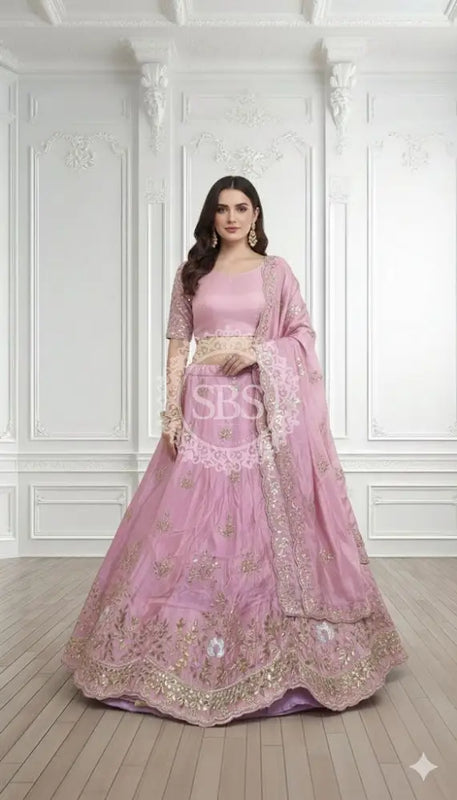 Pure Cosmos silk Handwork Lehenga PINK