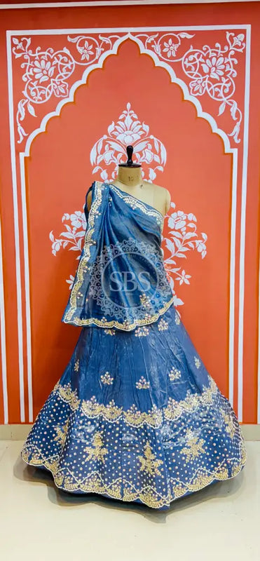 PURE COSMOS TISSUE HANDWORK GOTA PATTI LEHENGA Blue / Free Size