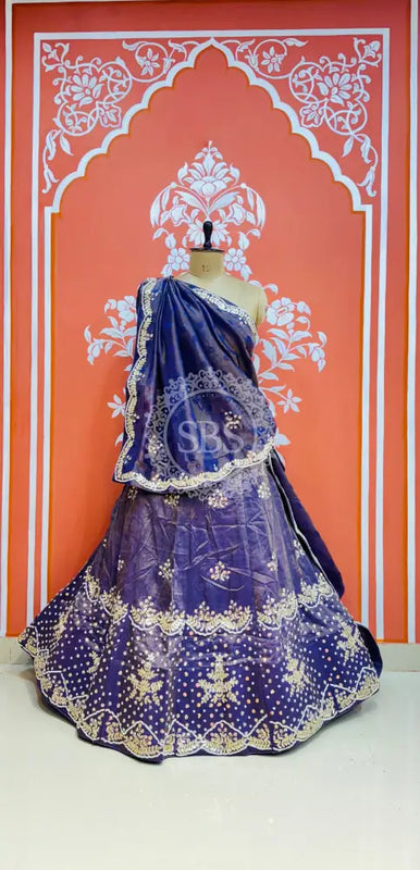 PURE COSMOS TISSUE HANDWORK GOTA PATTI LEHENGA Dark Blue / Free Size
