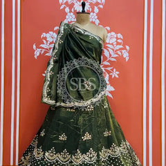 PURE COSMOS TISSUE HANDWORK GOTA PATTI LEHENGA Dark Green / Free Size