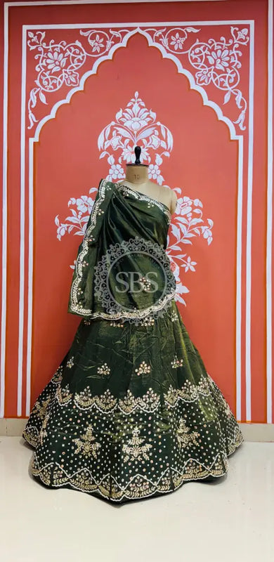 PURE COSMOS TISSUE HANDWORK GOTA PATTI LEHENGA Dark Green / Free Size