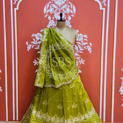 PURE COSMOS TISSUE HANDWORK GOTA PATTI LEHENGA Green / Free Size