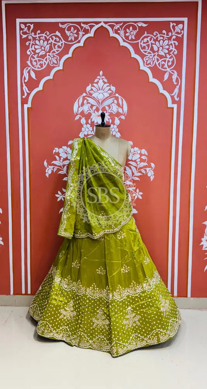 PURE COSMOS TISSUE HANDWORK GOTA PATTI LEHENGA Green / Free Size