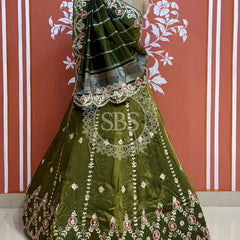 PURE COSMOS TISSUE HANDWORK GOTA PATTI LEHENGA Green / Free Size