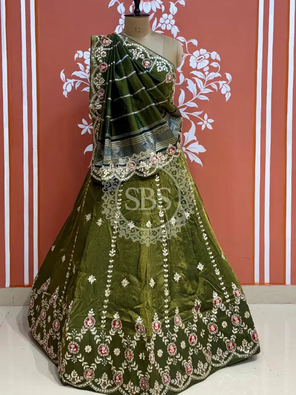 PURE COSMOS TISSUE HANDWORK GOTA PATTI LEHENGA Green / Free Size
