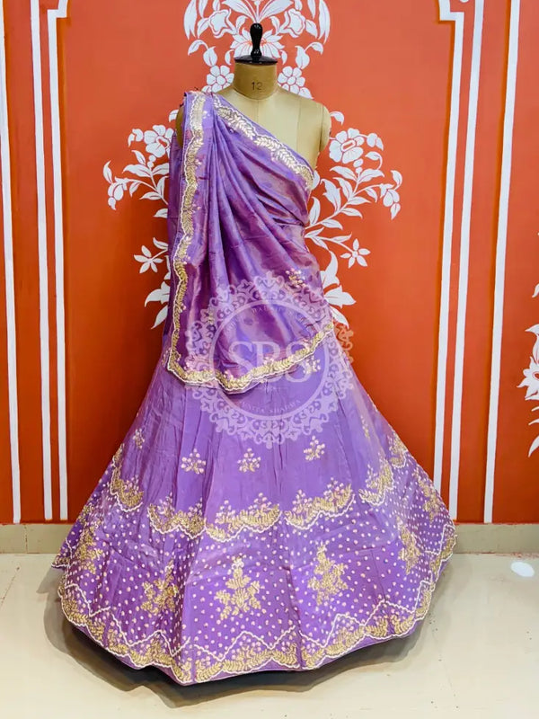 PURE COSMOS TISSUE HANDWORK GOTA PATTI LEHENGA Lavendar / Free Size