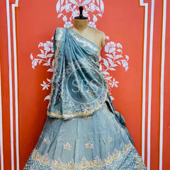 PURE COSMOS TISSUE HANDWORK GOTA PATTI LEHENGA Light Blue / Free Size