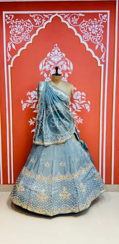 PURE COSMOS TISSUE HANDWORK GOTA PATTI LEHENGA Light Blue / Free Size