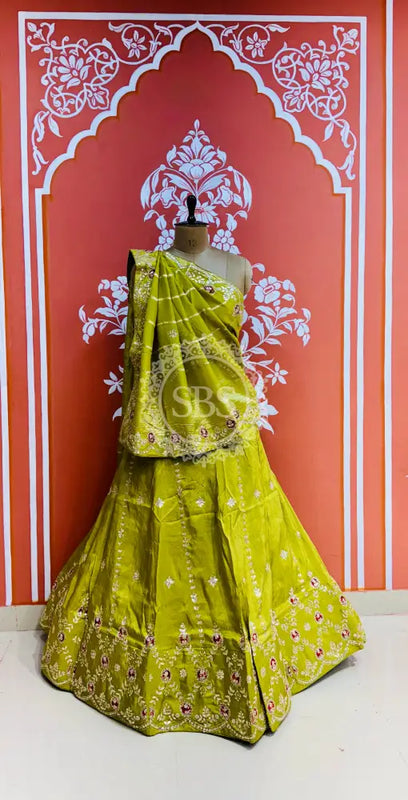 PURE COSMOS TISSUE HANDWORK GOTA PATTI LEHENGA Light Green / Free Size