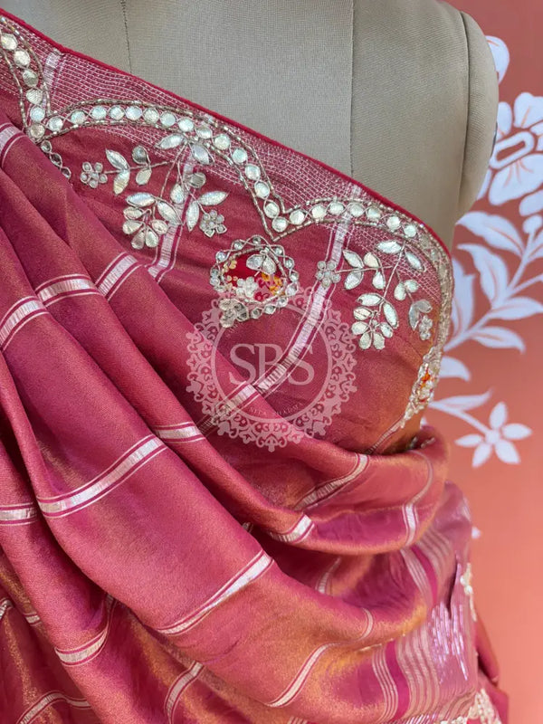 PURE COSMOS TISSUE HANDWORK GOTA PATTI LEHENGA Pink / Free Size