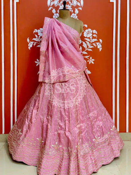 PURE COSMOS TISSUE HANDWORK GOTA PATTI LEHENGA Pink / Free Size