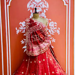 PURE COSMOS TISSUE HANDWORK GOTA PATTI LEHENGA Red / Free Size