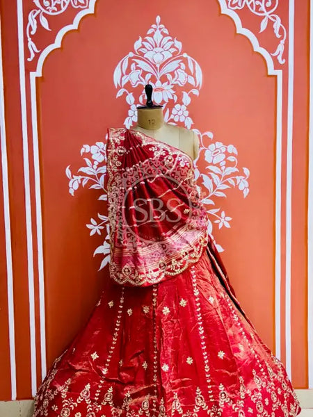 PURE COSMOS TISSUE HANDWORK GOTA PATTI LEHENGA Red / Free Size