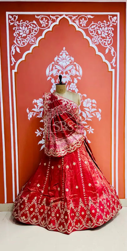 PURE COSMOS TISSUE HANDWORK GOTA PATTI LEHENGA Red / Free Size