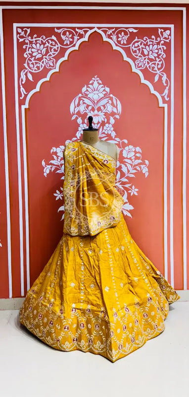 PURE COSMOS TISSUE HANDWORK GOTA PATTI LEHENGA Yellow / Free Size