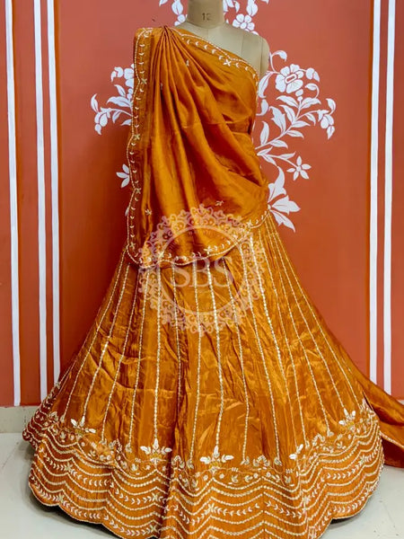 PURE COSMOS TISSUE HANDWORK GOTA PATTI LEHENGA Yellow / Free Size