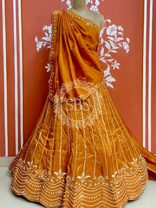 PURE COSMOS TISSUE HANDWORK GOTA PATTI LEHENGA Yellow / Free Size
