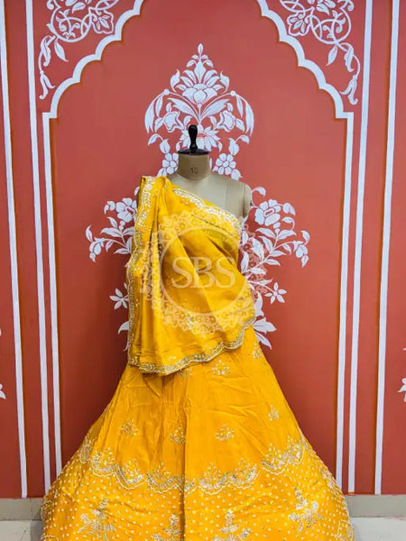 PURE COSMOS TISSUE HANDWORK GOTA PATTI LEHENGA Yellow / Free Size