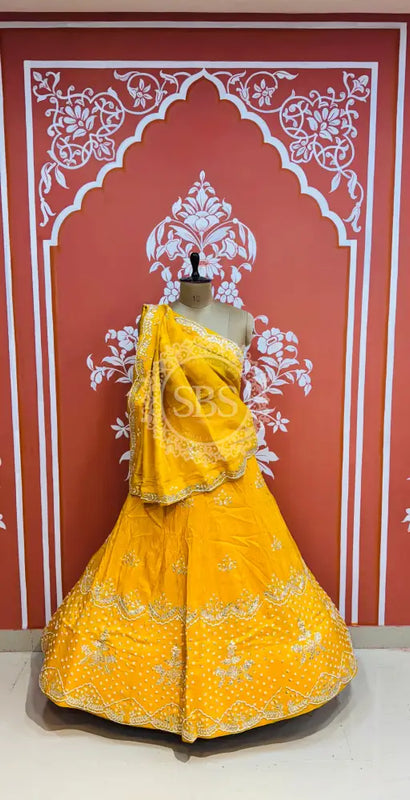 PURE COSMOS TISSUE HANDWORK GOTA PATTI LEHENGA Yellow / Free Size