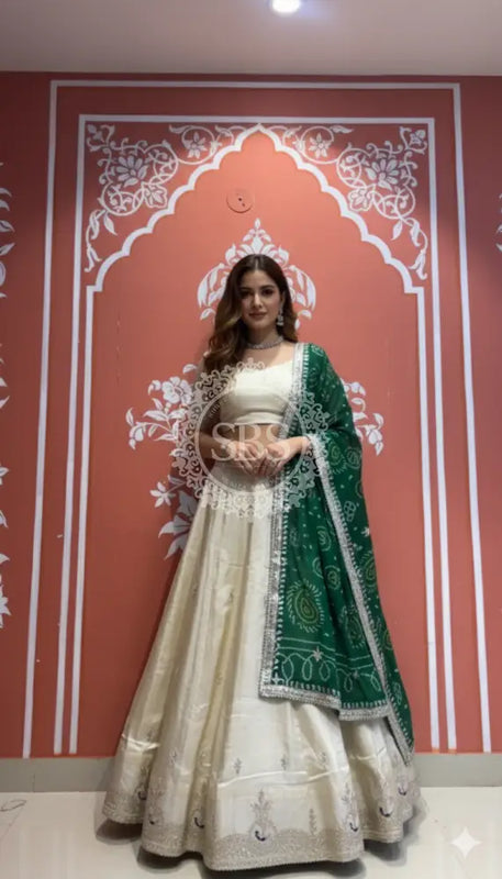 Pure Cosmos tissue Handwork Peacock Lehenga with Pure Georgette kacchi patti dupatta