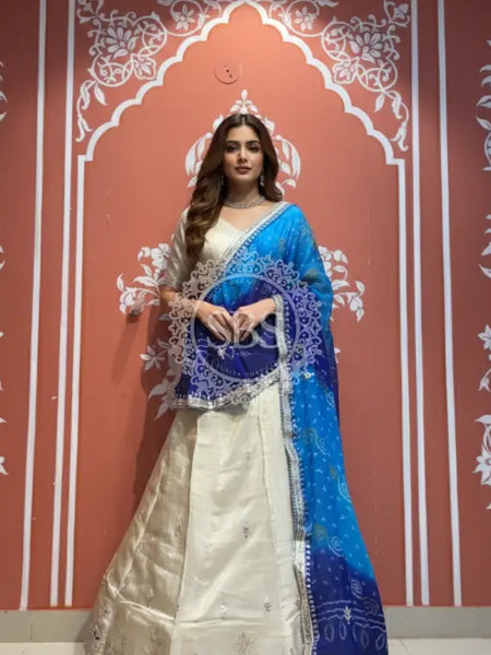 Pure Cosmos tissue Handwork Peacock Lehenga with Pure Georgette kacchi patti dupatta