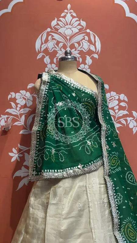 Pure Cosmos tissue Handwork Peacock Lehenga with Pure Georgette kacchi patti dupatta Green& White / Free Size