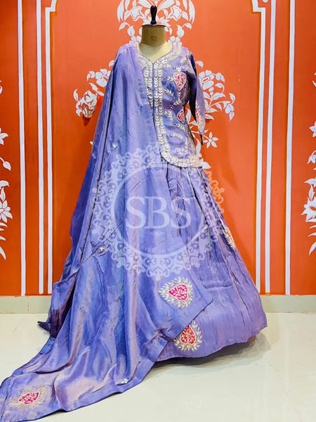 PURE COSMOS TISSUE SILK HANDWORK FULL STICHED INDO WESTERN Purple / Free Size