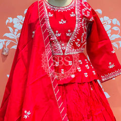 PURE COSMOS TISSUE SILK HANDWORK FULL STICHED INDO WESTERN Red / Free Size