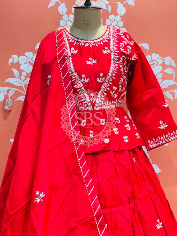 PURE COSMOS TISSUE SILK HANDWORK FULL STICHED INDO WESTERN Red / Free Size