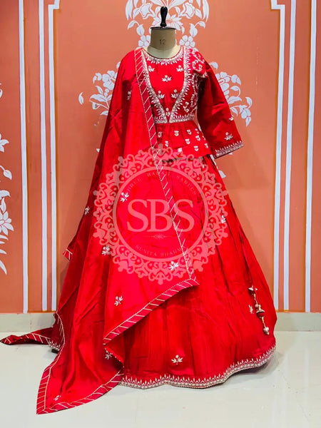 PURE COSMOS TISSUE SILK HANDWORK FULL STICHED INDO WESTERN Red / Free Size