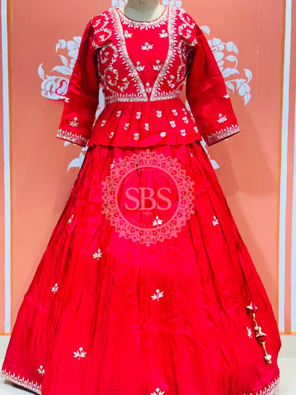 PURE COSMOS TISSUE SILK HANDWORK FULL STICHED INDO WESTERN Red / Free Size