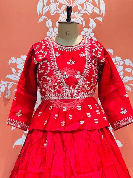 PURE COSMOS TISSUE SILK HANDWORK FULL STICHED INDO WESTERN Red / Free Size