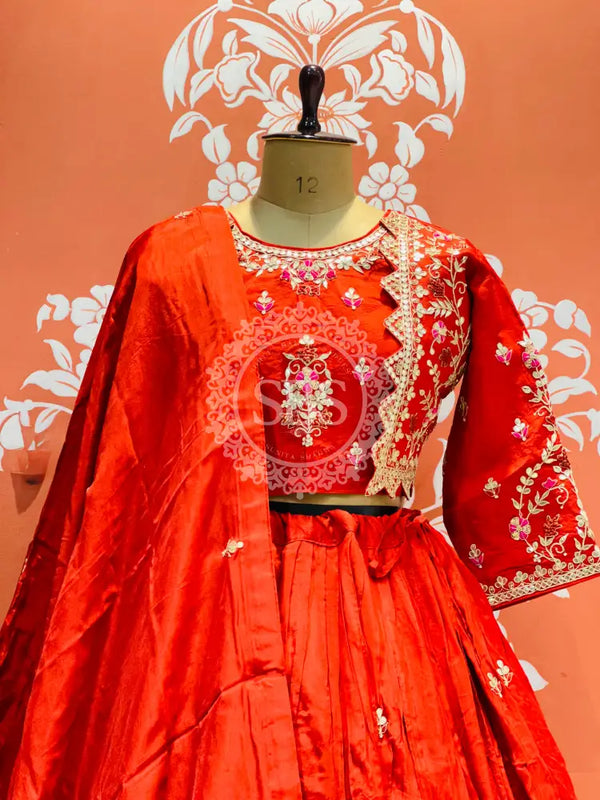 PURE COSMOS TISSUE SILK HANDWORK FULL STICHED INDO WESTERN Red / Free Size