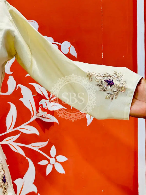 PURE COSMOS TISSUE SILK HANDWORK FULL STICHED INDO WESTERN White / Free Size