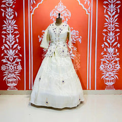 PURE COSMOS TISSUE SILK HANDWORK FULL STICHED INDO WESTERN White / Free Size