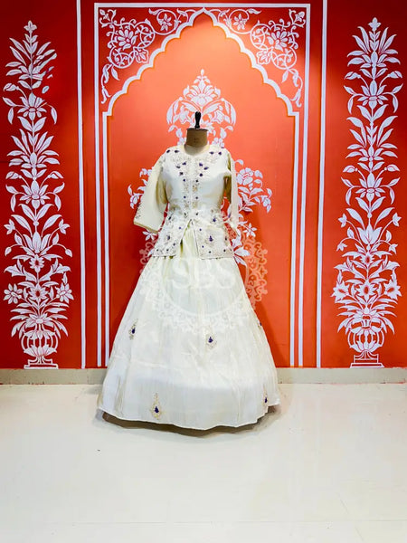 PURE COSMOS TISSUE SILK HANDWORK FULL STICHED INDO WESTERN White / Free Size