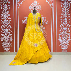 PURE COSMOS TISSUE SILK HANDWORK FULL STICHED INDO WESTERN Yellow / Free Size