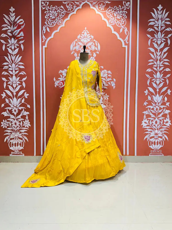 PURE COSMOS TISSUE SILK HANDWORK FULL STICHED INDO WESTERN Yellow / Free Size