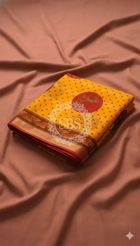 Pure Cotton Saree Yellow / Free Size