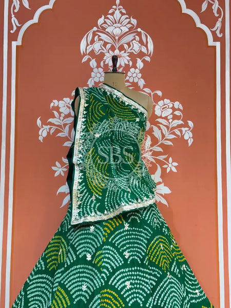 PURE CRAPRE SILK BHANDEJ LEHENGA Green / Free Size