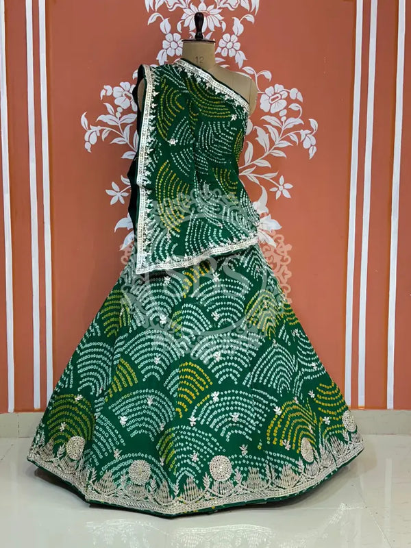 PURE CRAPRE SILK BHANDEJ LEHENGA Green / Free Size