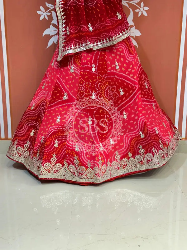 PURE CRAPRE SILK BHANDEJ LEHENGA Pink / Free Size